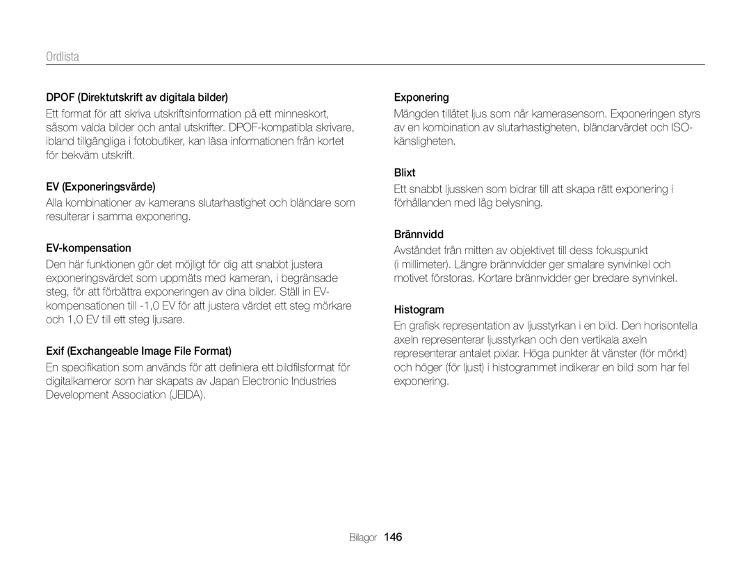 Samsung EC-WB150FBPWE2, EC-WB150FBPBE2, EC-WB150FBPRE2 manual Ordlista 