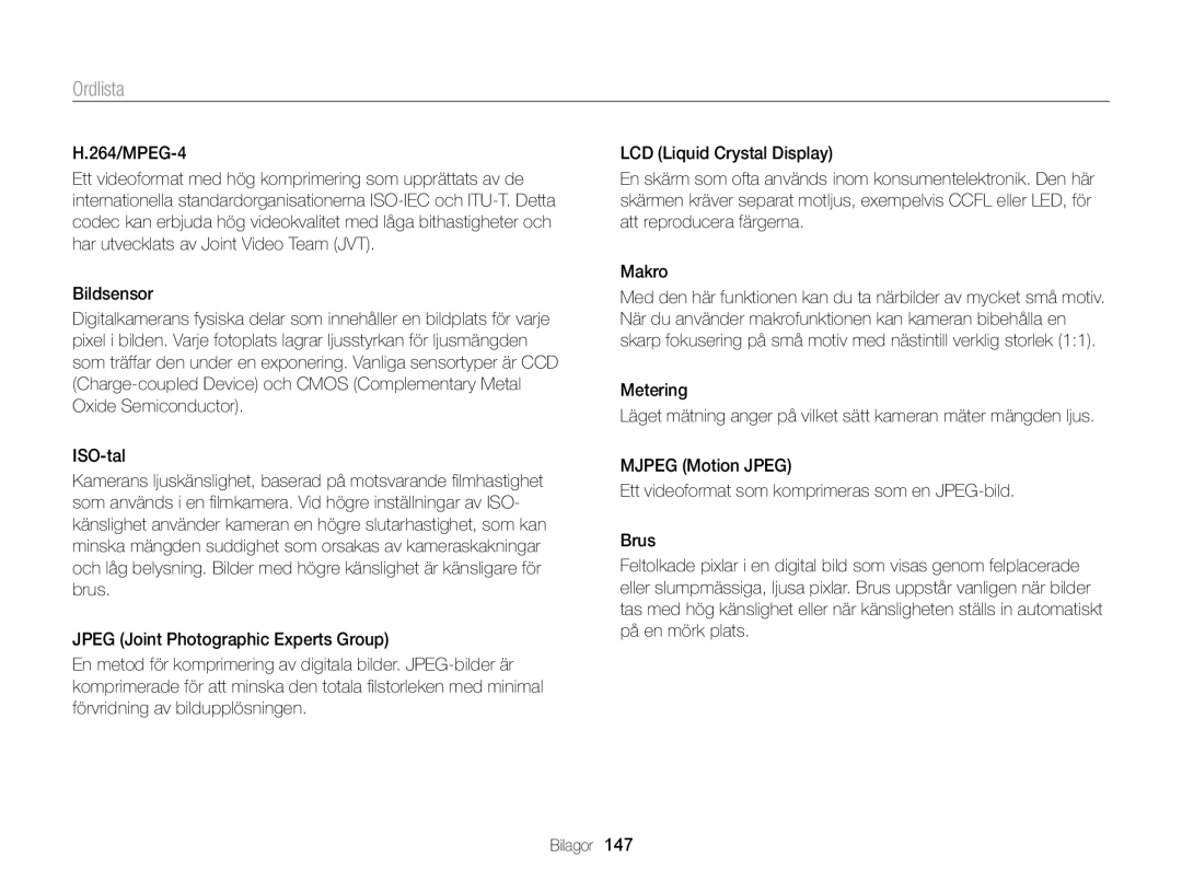 Samsung EC-WB150FBPBE2, EC-WB150FBPWE2, EC-WB150FBPRE2 manual Ordlista 