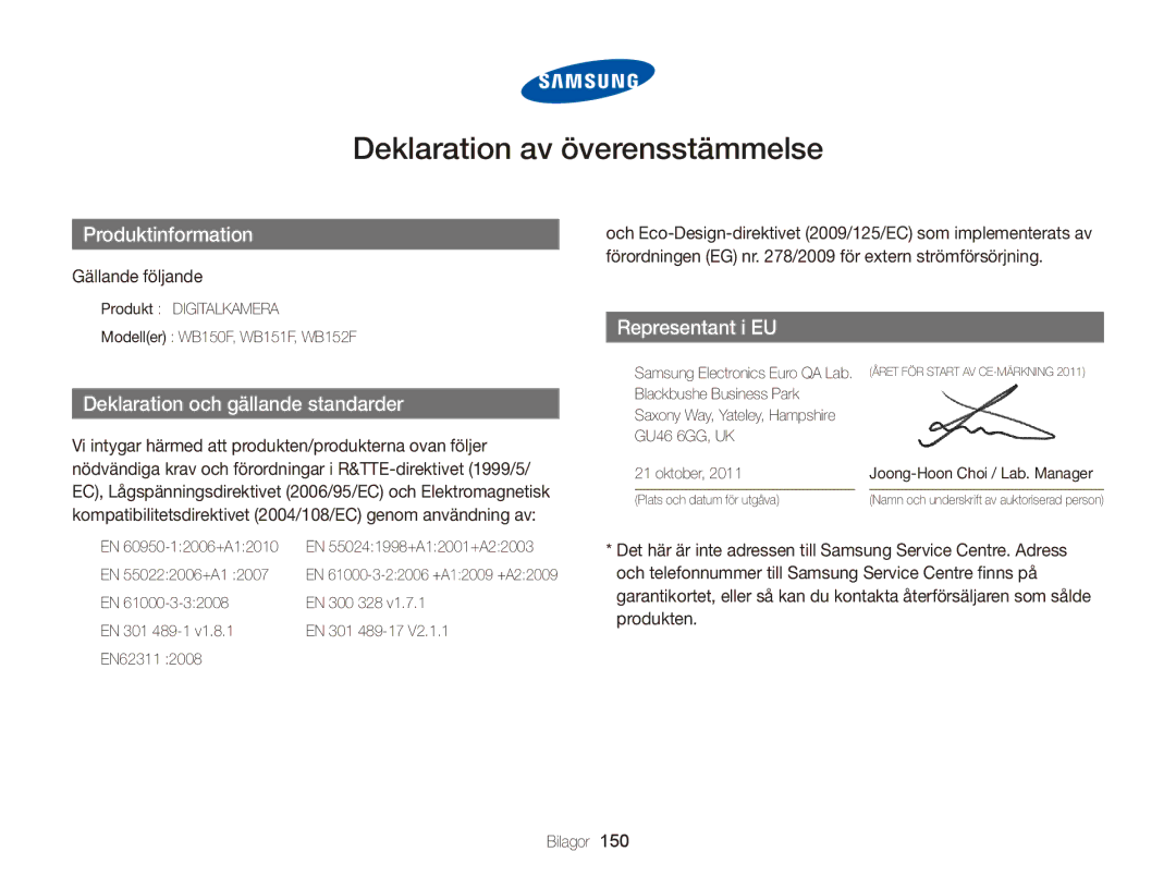 Samsung EC-WB150FBPBE2, EC-WB150FBPWE2, EC-WB150FBPRE2 manual Deklaration av överensstämmelse, Gällande följande 