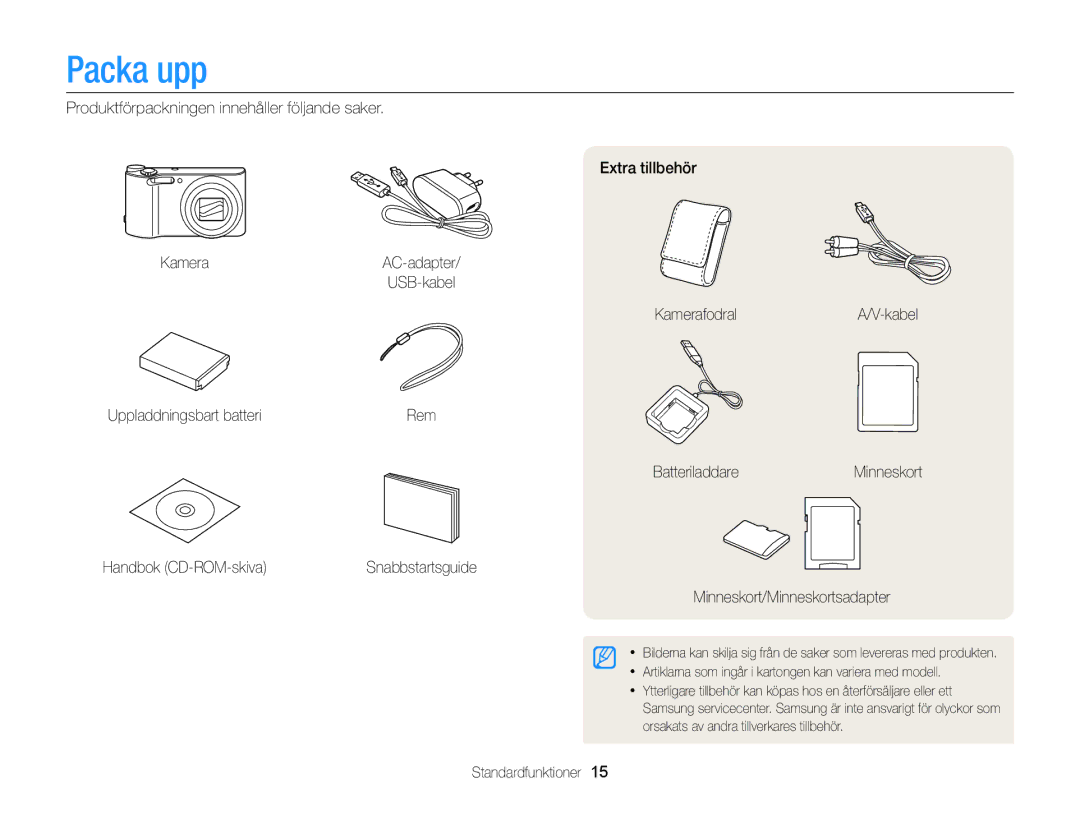 Samsung EC-WB150FBPBE2 manual Packa upp, KamerafodralA/V-kabel Uppladdningsbart batteri, Minneskort/Minneskortsadapter 