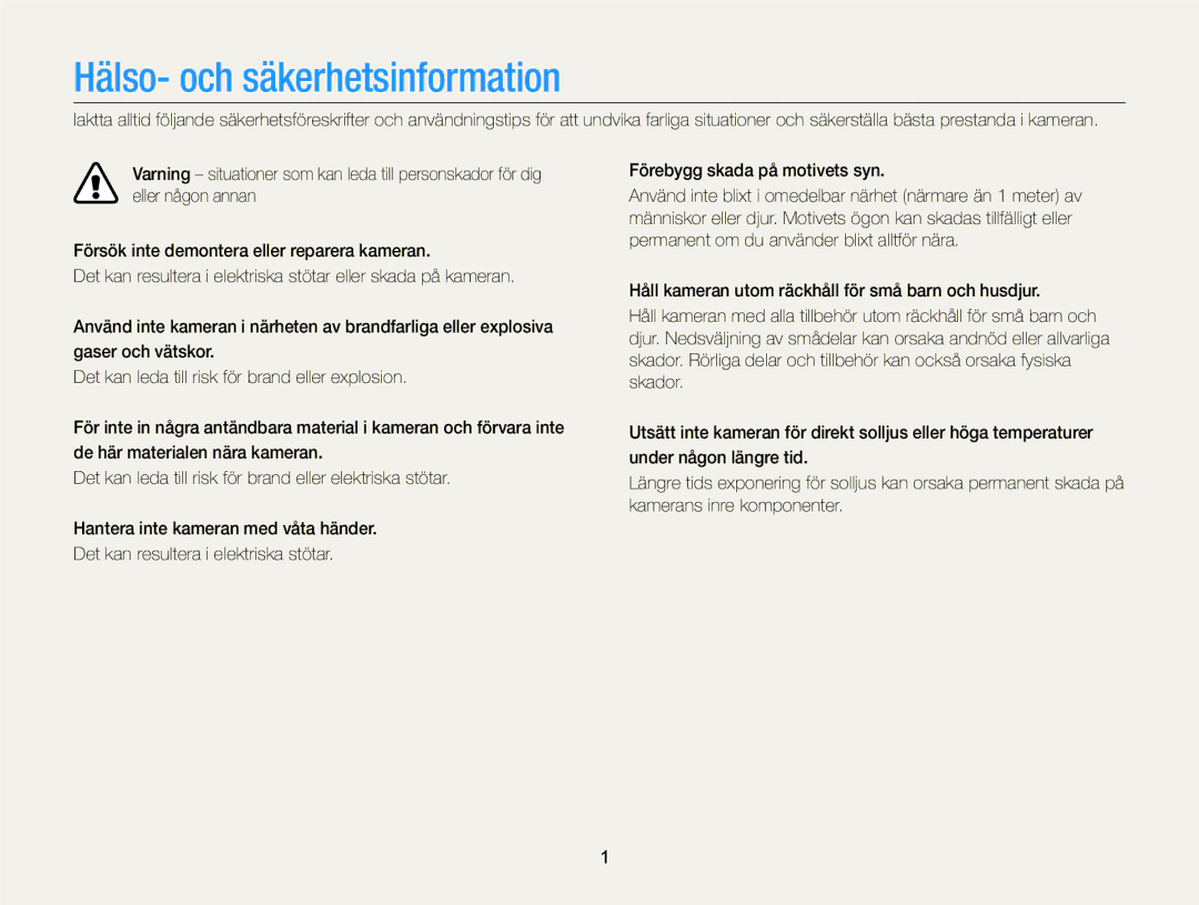 Samsung EC-WB150FBPRE2, EC-WB150FBPWE2, EC-WB150FBPBE2 manual Hälso- och säkerhetsinformation 