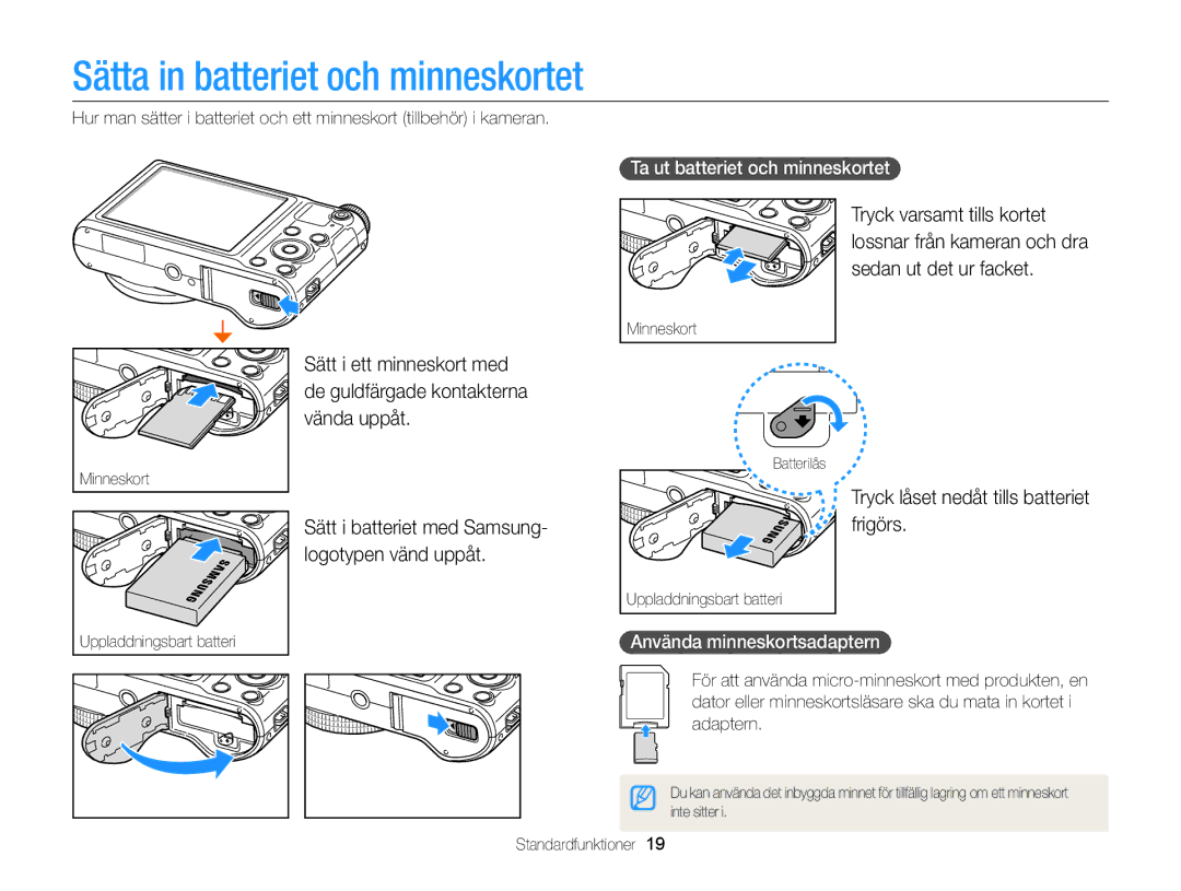 Samsung EC-WB150FBPRE2 manual Sätta in batteriet och minneskortet, Tryck låset nedåt tills batteriet, Logotypen vänd uppåt 