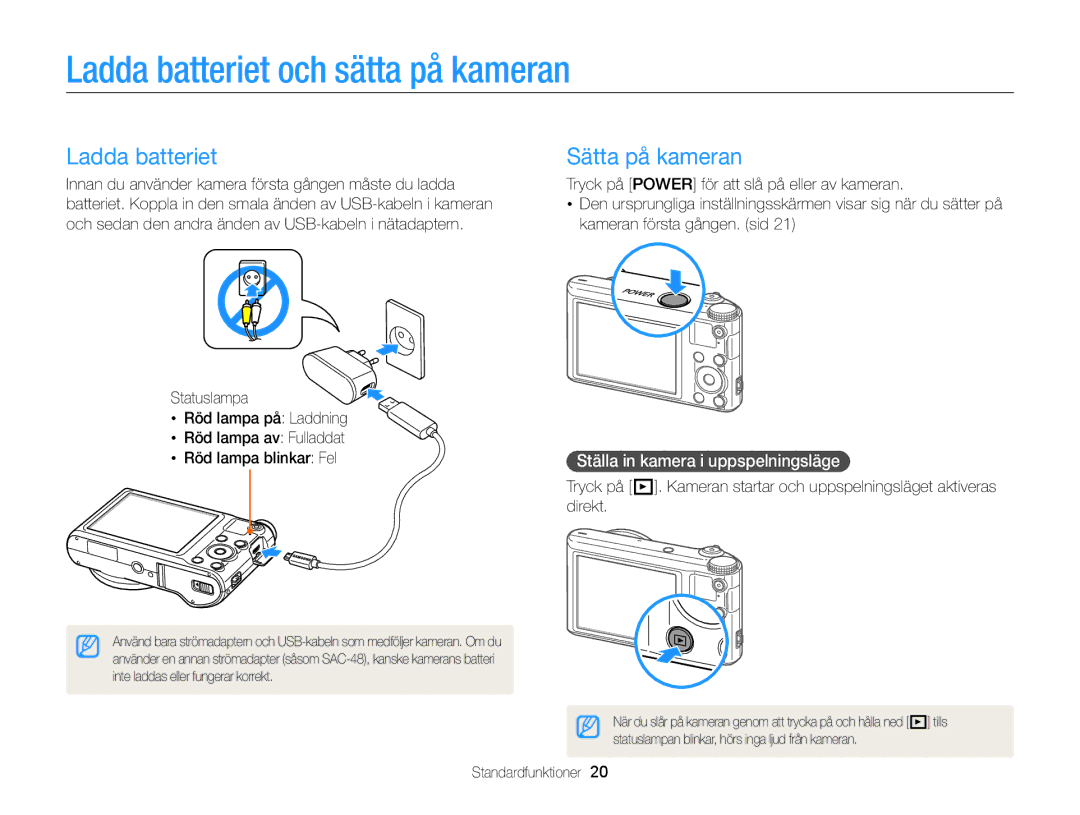 Samsung EC-WB150FBPWE2 manual Ladda batteriet och sätta på kameran, Sätta på kameran, Ställa in kamera i uppspelningsläge 