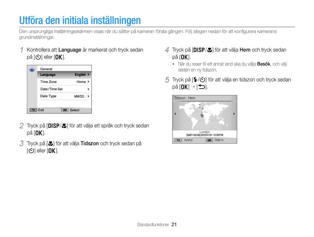 Samsung EC-WB150FBPBE2, EC-WB150FBPWE2, EC-WB150FBPRE2 manual Utföra den initiala inställningen 