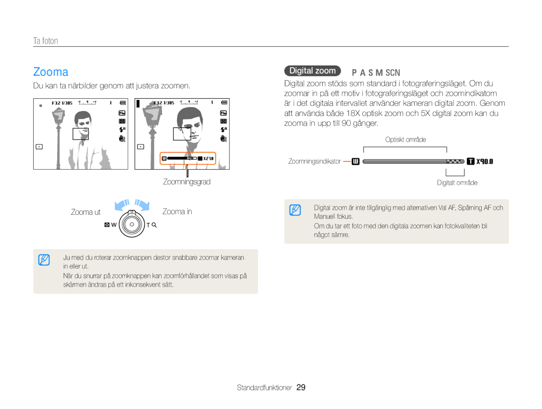 Samsung EC-WB150FBPWE2 manual Zooma, Ta foton, Digital zoom p a h M s, Du kan ta närbilder genom att justera zoomen 