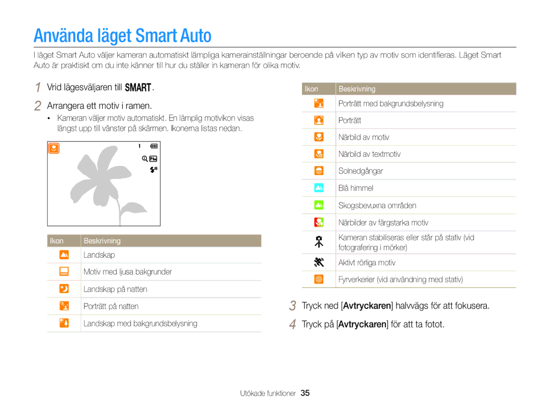 Samsung EC-WB150FBPWE2, EC-WB150FBPBE2 Använda läget Smart Auto, Vrid lägesväljaren till T Arrangera ett motiv i ramen 