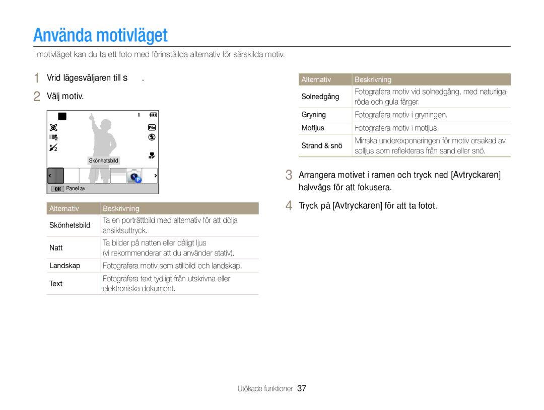 Samsung EC-WB150FBPRE2, EC-WB150FBPWE2, EC-WB150FBPBE2 manual Använda motivläget, Vrid lägesväljaren till s, Välj motiv 