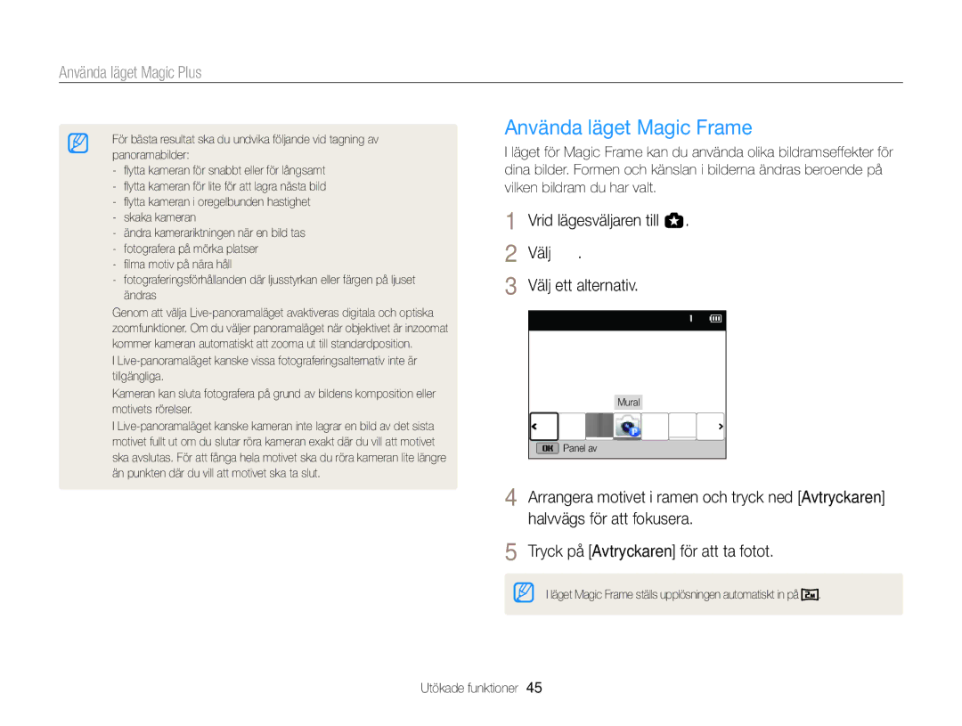 Samsung EC-WB150FBPBE2, EC-WB150FBPWE2, EC-WB150FBPRE2 manual Använda läget Magic Frame, Använda läget Magic Plus 