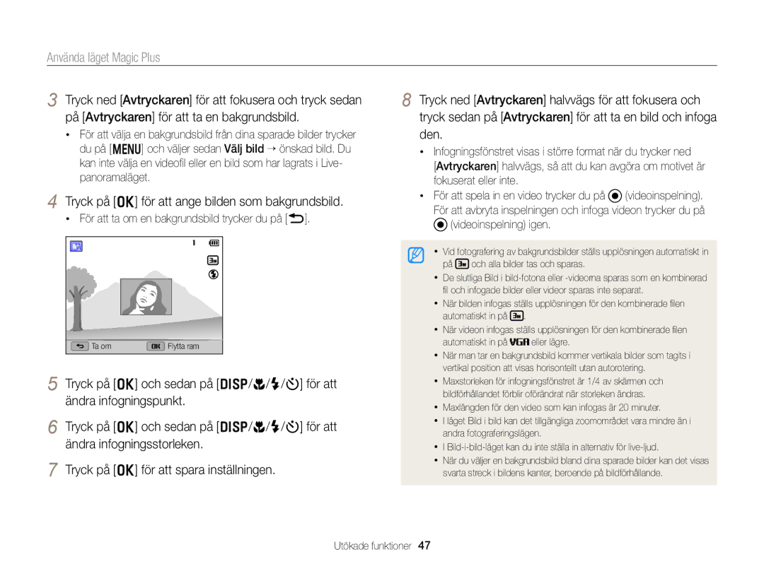 Samsung EC-WB150FBPWE2 Tryck på o för att ange bilden som bakgrundsbild, För att ta om en bakgrundsbild trycker du på b 