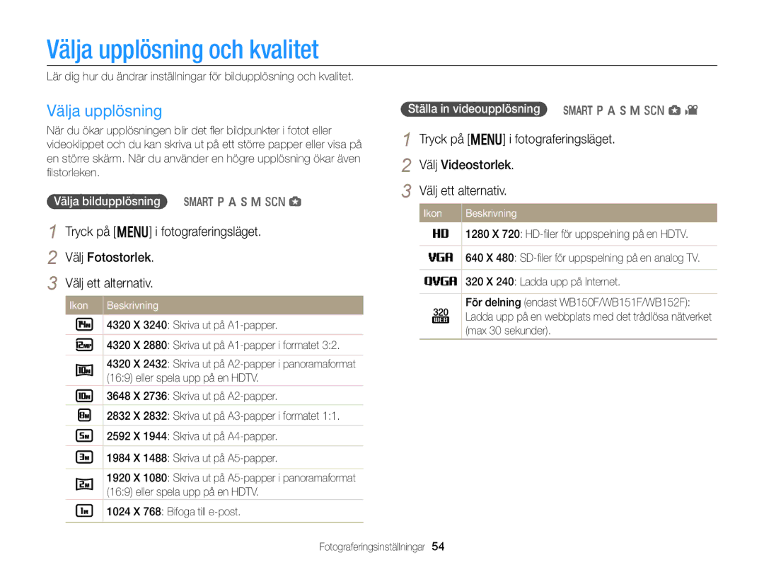 Samsung EC-WB150FBPBE2, EC-WB150FBPWE2, EC-WB150FBPRE2 Välja upplösning och kvalitet, Välja bildupplösning T p a h M s g 