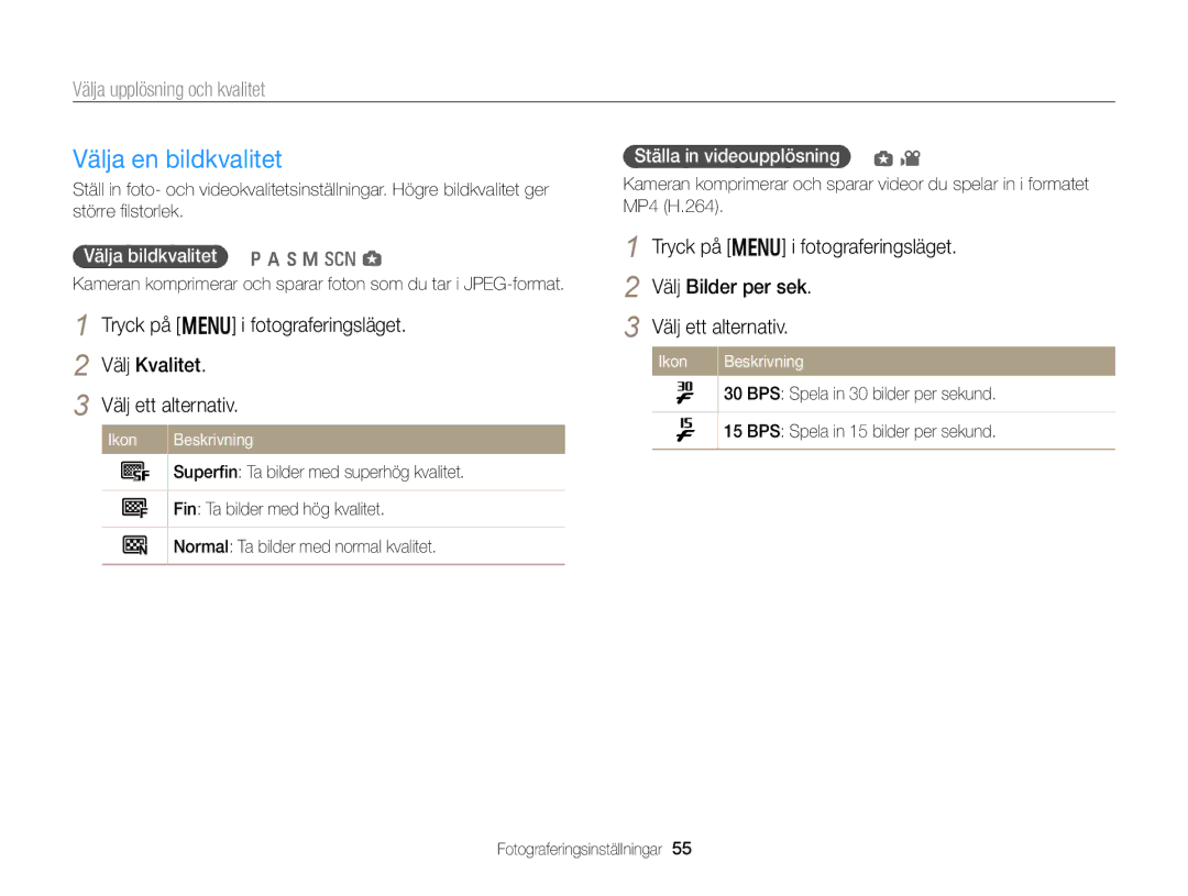 Samsung EC-WB150FBPRE2 manual Välja en bildkvalitet, Välja upplösning och kvalitet, Välja bildkvalitet p a h M s g 