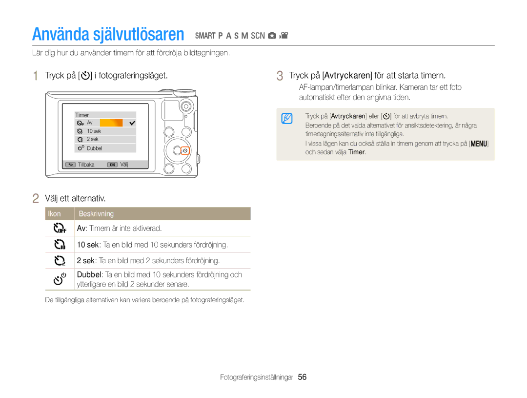 Samsung EC-WB150FBPWE2, EC-WB150FBPBE2 manual Använda självutlösaren T p a h M s g, Tryck på t i fotograferingsläget 