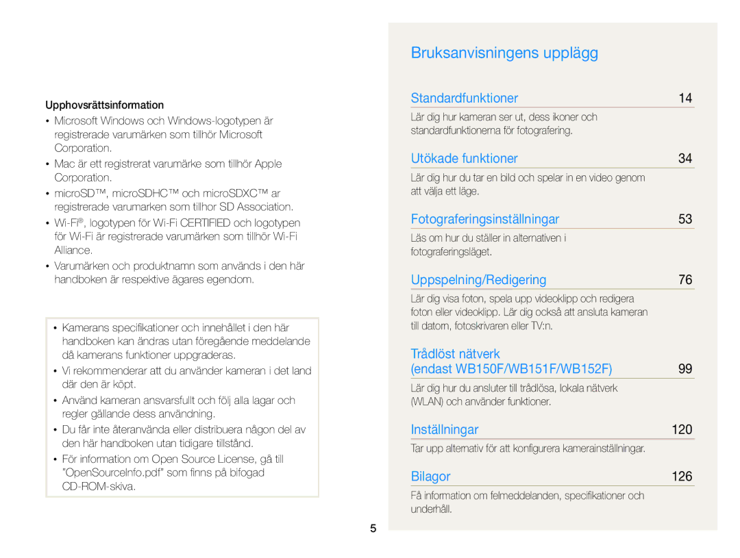 Samsung EC-WB150FBPWE2, EC-WB150FBPBE2, EC-WB150FBPRE2 manual Bruksanvisningens upplägg, 120, 126 