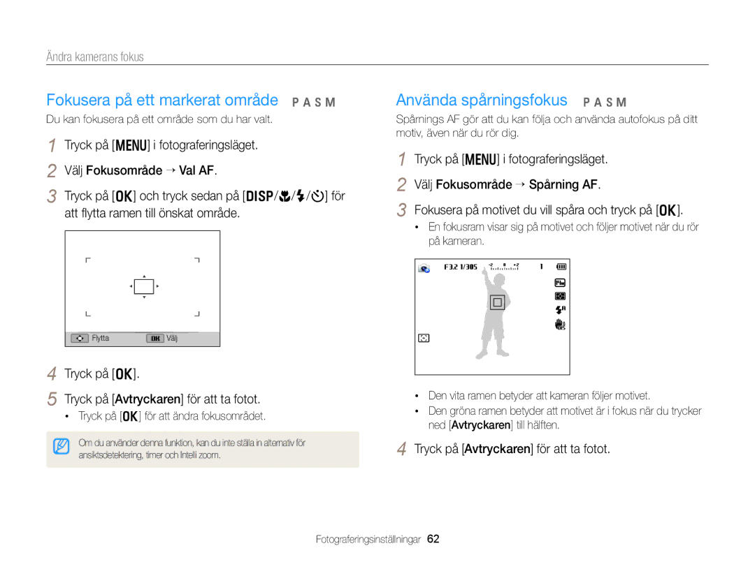 Samsung EC-WB150FBPWE2, EC-WB150FBPBE2 Fokusera på ett markerat område p a h M, Använda spårningsfokus p a h M, Tryck på o 