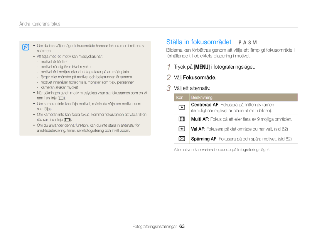 Samsung EC-WB150FBPBE2, EC-WB150FBPWE2 manual Ställa in fokusområdet p a h M, Centrerad AF Fokusera på mitten av ramen 