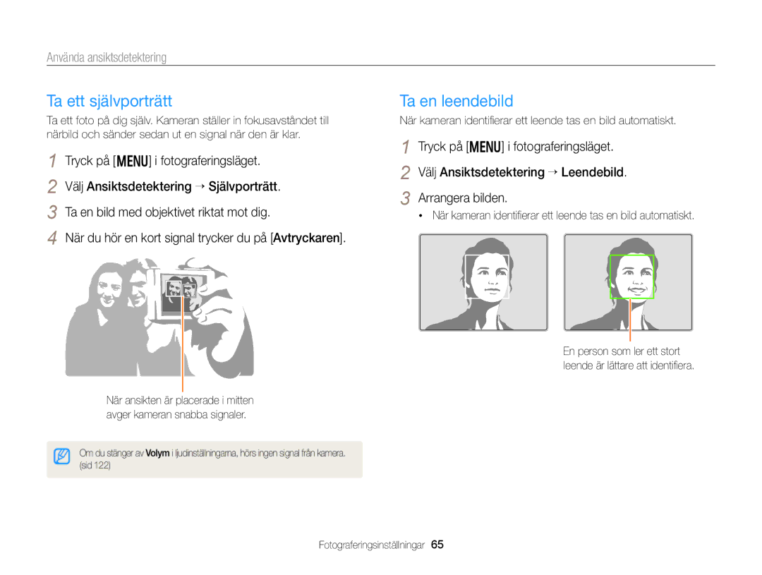 Samsung EC-WB150FBPWE2, EC-WB150FBPBE2, EC-WB150FBPRE2 Ta ett självporträtt, Ta en leendebild, Använda ansiktsdetektering 
