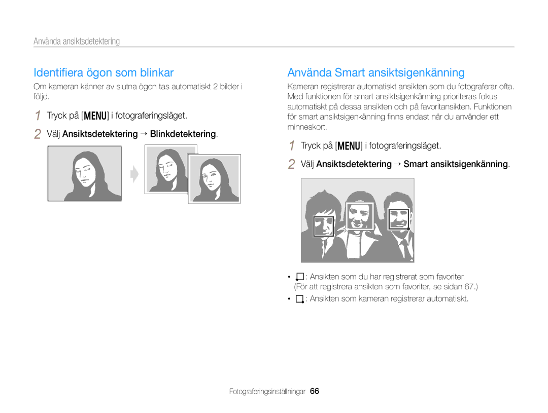 Samsung EC-WB150FBPBE2, EC-WB150FBPWE2, EC-WB150FBPRE2 manual Identiﬁera ögon som blinkar, Använda Smart ansiktsigenkänning 