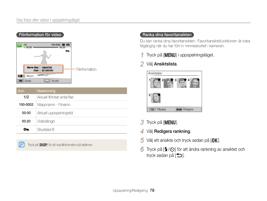 Samsung EC-WB150FBPBE2 manual Visa foton eller videor i uppspelningsläget, Tryck på m i uppspelningsläget Välj Ansiktslista 