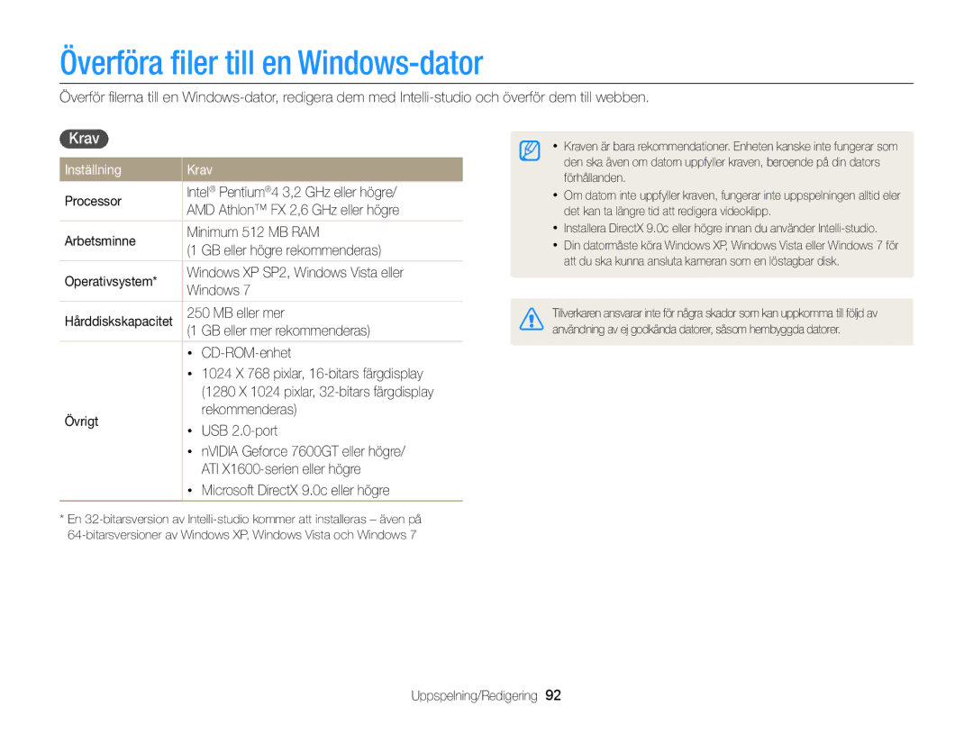 Samsung EC-WB150FBPWE2, EC-WB150FBPBE2, EC-WB150FBPRE2 manual Överföra ﬁler till en Windows-dator, Inställning Krav 