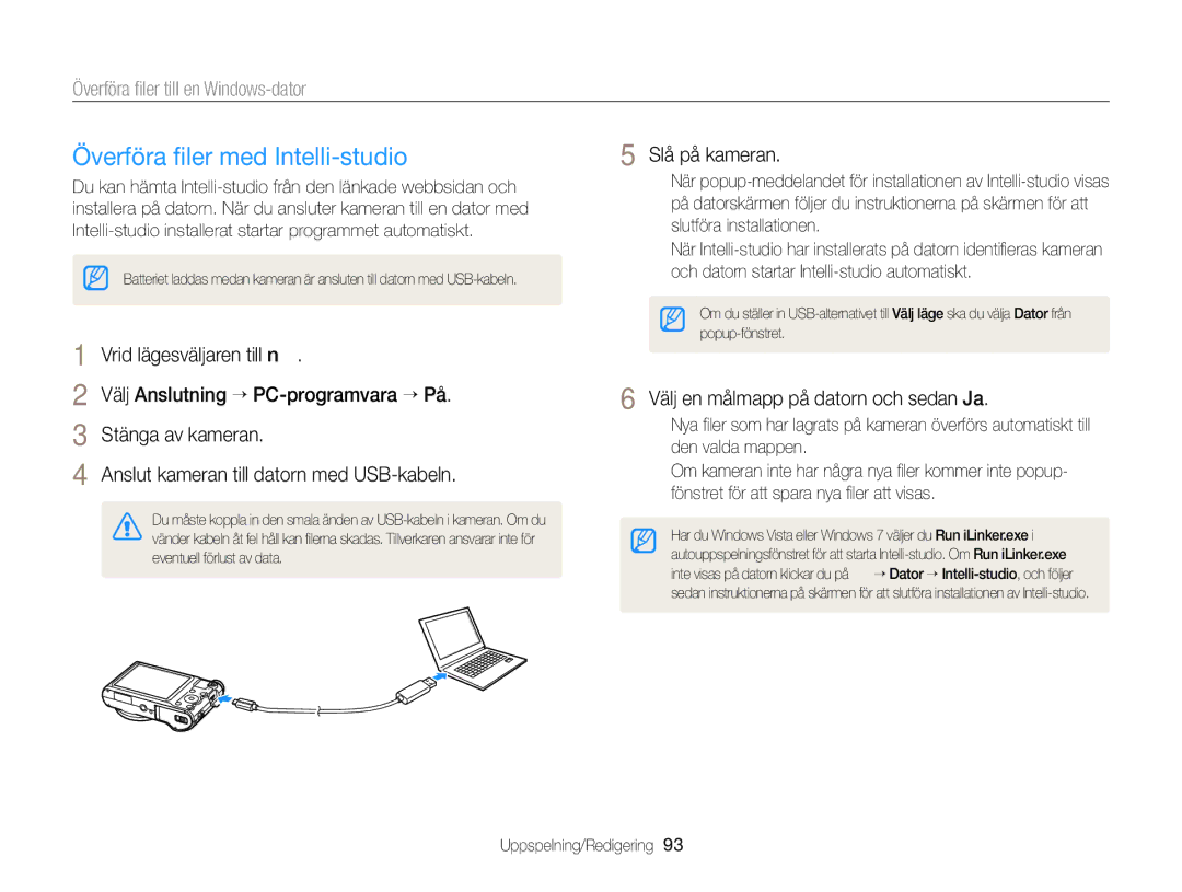 Samsung EC-WB150FBPBE2, EC-WB150FBPWE2 manual Överföra ﬁler med Intelli-studio, Överföra ﬁler till en Windows-dator 