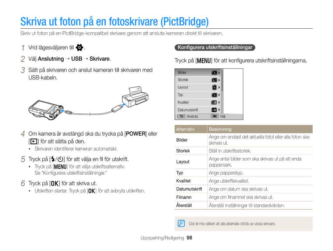 Samsung EC-WB150FBPWE2 manual Skriva ut foton på en fotoskrivare PictBridge, Tryck på F/t för att välja en ﬁl för utskrift 