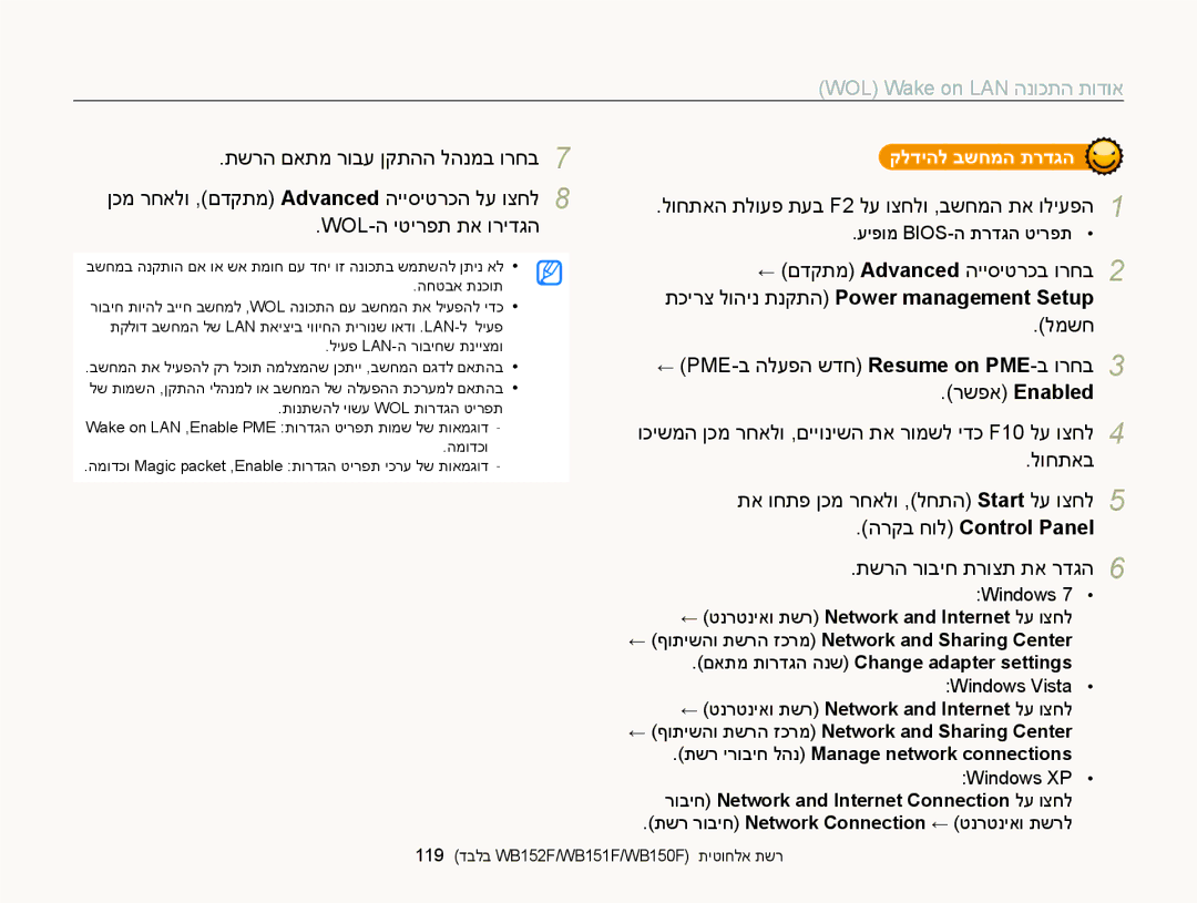 Samsung EC-WB150FBPWIL, EC-WB150FBPBAE, EC-WB150FBPRE1 תכירצ לוהינ תנקתה Power management Setup, הרקב חול Control Panel 