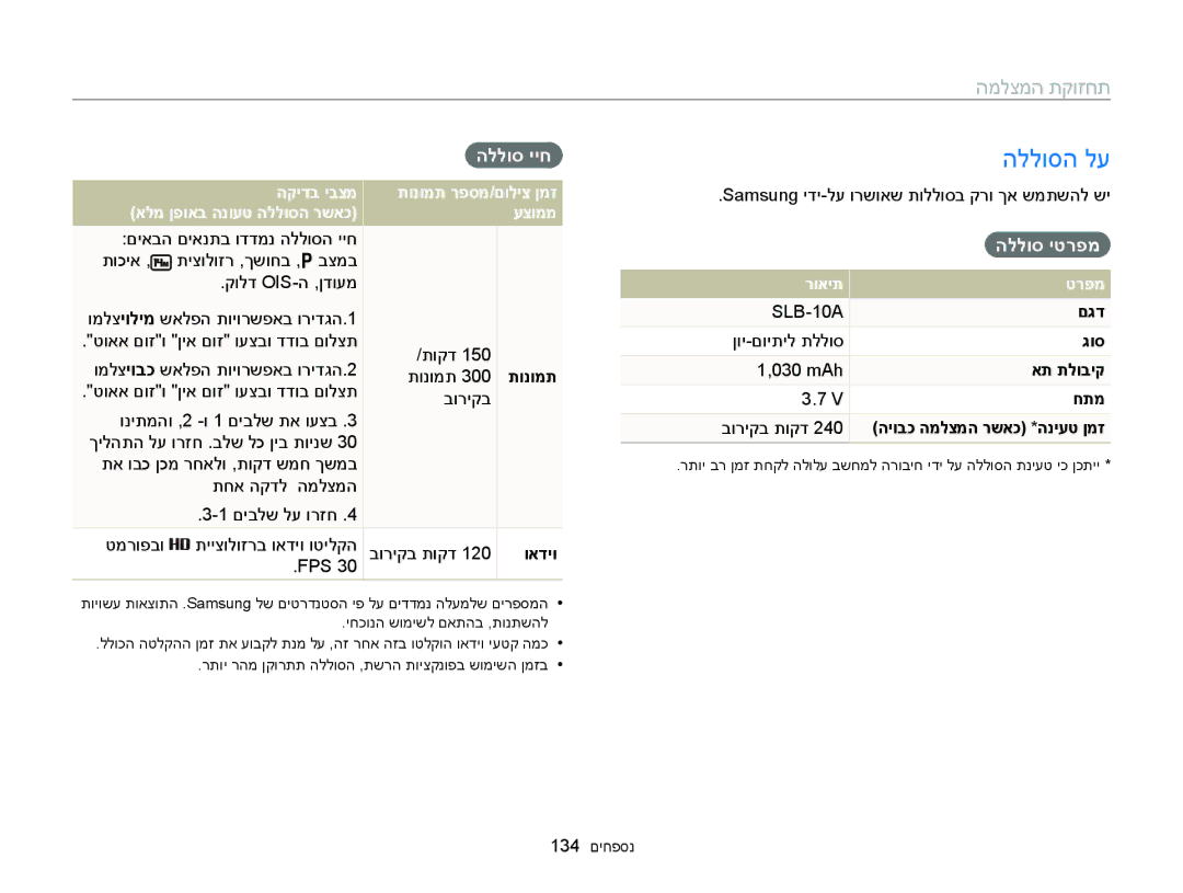 Samsung EC-WB150FBPWIL, EC-WB150FBPBAE, EC-WB150FBPRE1, EC-WB150FBPBIL, EC-WB150FBPWAE manual הללוסה לע, הללוס ייח, הללוס יטרפמ 