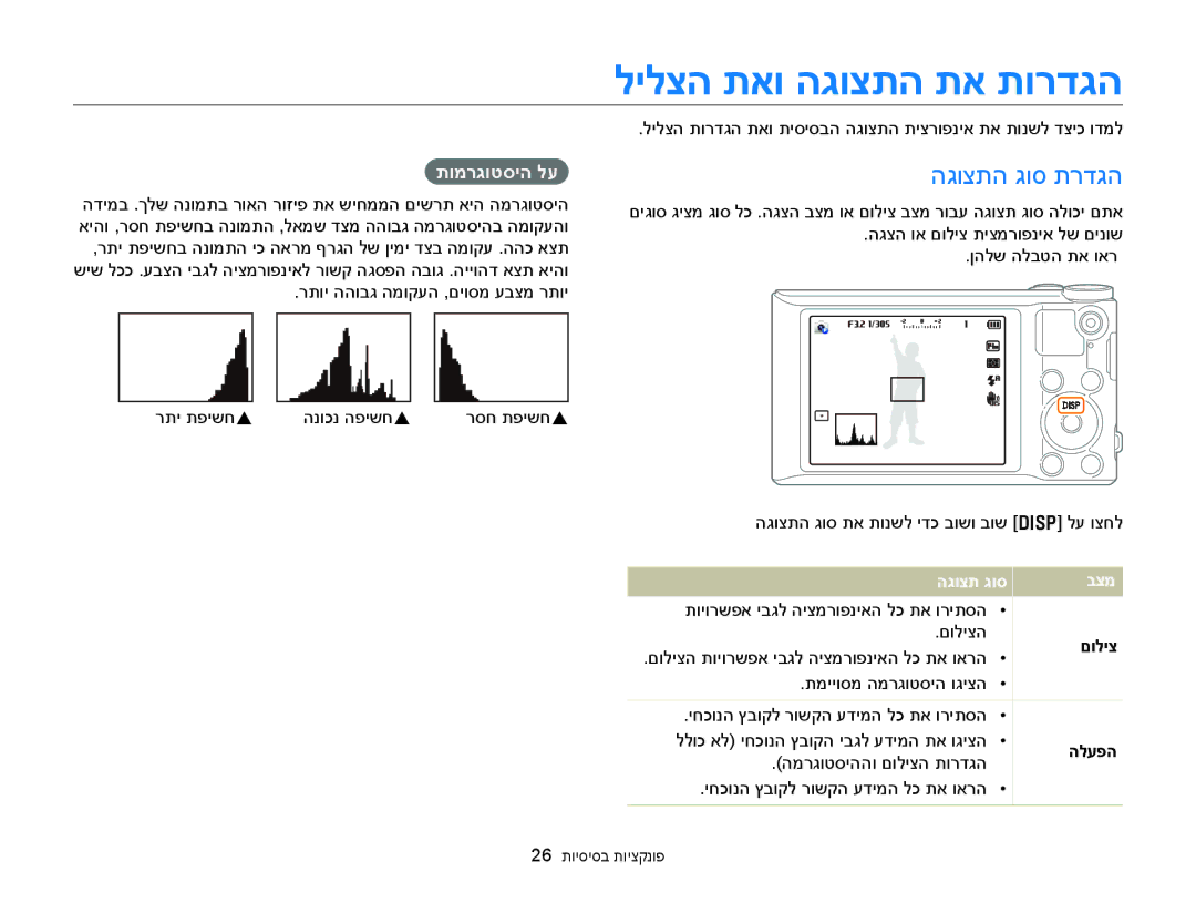 Samsung EC-WB150FBPRE1, EC-WB150FBPWIL manual לילצה תאו הגוצתה תא תורדגה, הגוצתה גוס תרדגה, תומרגוטסיה לע, םוליצ, הלעפה 