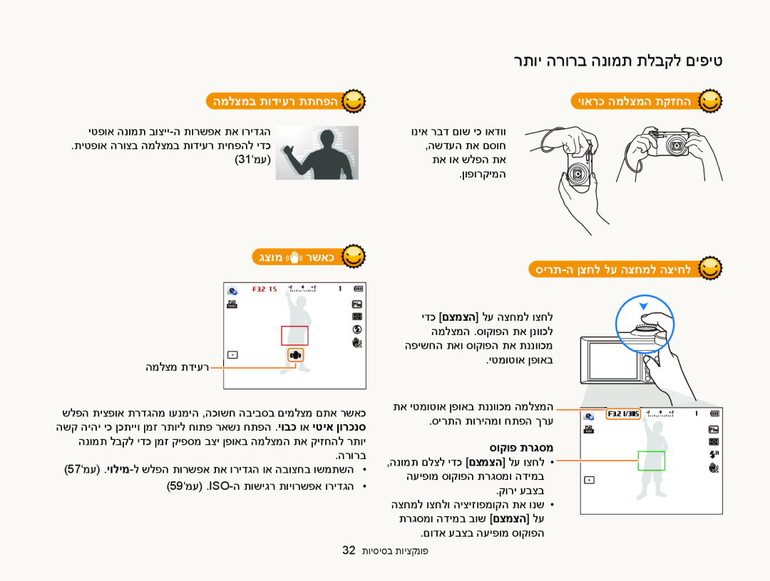 Samsung EC-WB150FBPBIL manual המלצמב תודיער תתחפה יוארכ המלצמה תקזחה, גצומ רשאכ, סירת-ה ןצחל לע הצחמל הציחל, סוקופ תרגסמ 