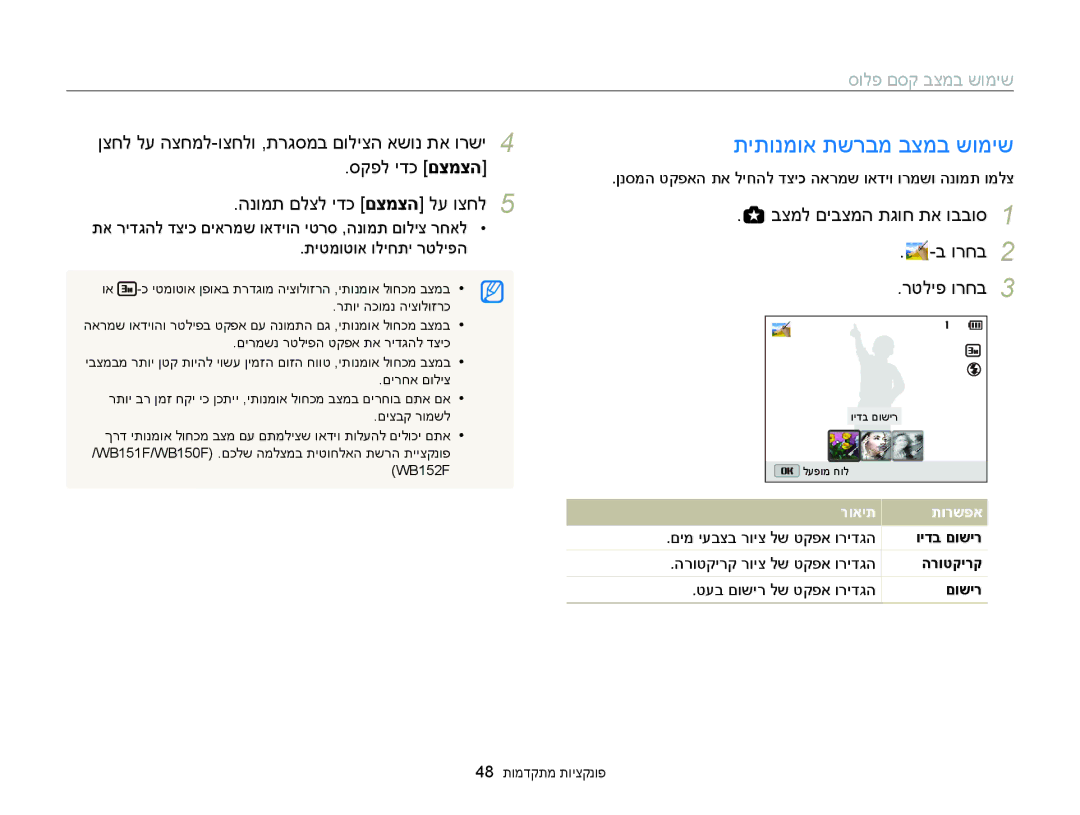 Samsung EC-WB150FBPWAE manual תיתונמוא תשרבמ בצמב שומיש, בצמל םיבצמה תגוח תא ובבוס ורחב רטליפ ורחב, תיטמוטוא וליחתי רטליפה 