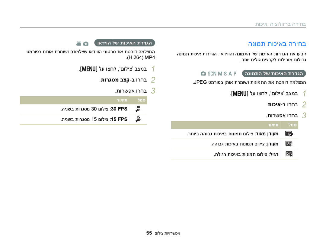 Samsung EC-WB150FBPBAE, EC-WB150FBPWIL, EC-WB150FBPRE1 manual הנומת תוכיאב הריחב, תוכיאו היצולוזרב הריחב, תורגסמ בצק-ב ורחב 