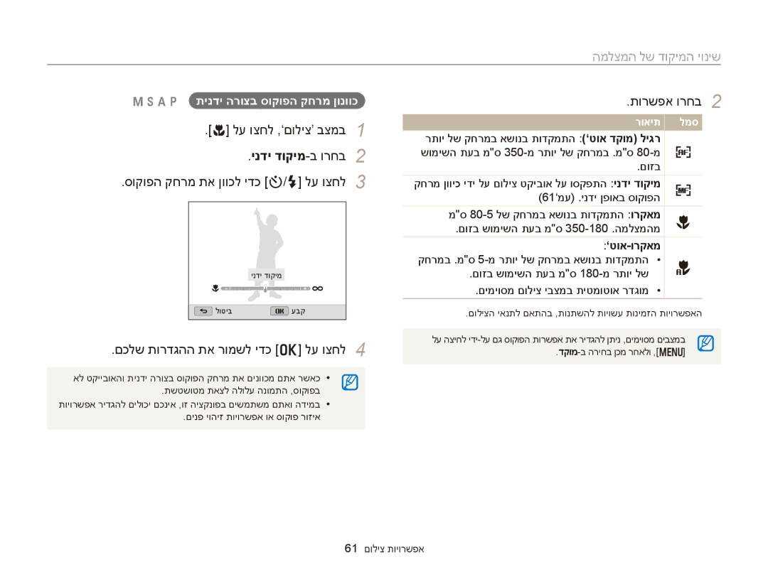 Samsung EC-WB150FBPRE1 שינוי המיקוד של המצלמה, ינדי דוקימ-ב ורחב2, סוקופה קחרמ תא ןווכל ידכ t/‏F לע וצחל3, תורשפא ורחב2 