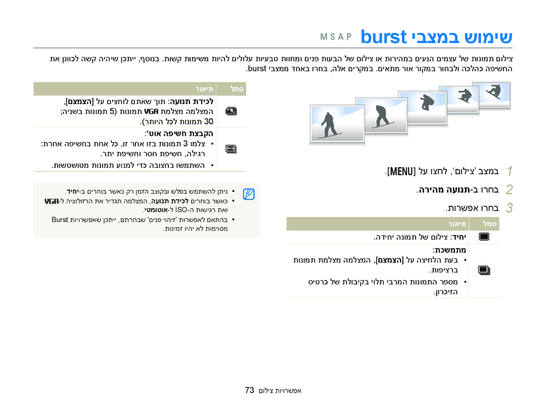 Samsung EC-WB150FBPWAE, EC-WB150FBPWIL, EC-WB150FBPBAE manual A p burst יבצמב שומיש, הריהמ העונת-ב ורחב, ‘טוא הפישח תצבקה 