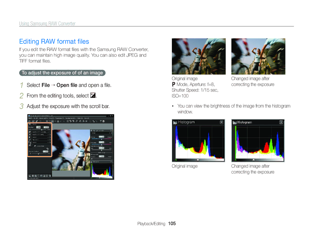 Samsung EC-WB2000BPARU Editing RAW format ﬁles, To adjust the exposure of of an image, Original image, Mode, Aperture f=8 