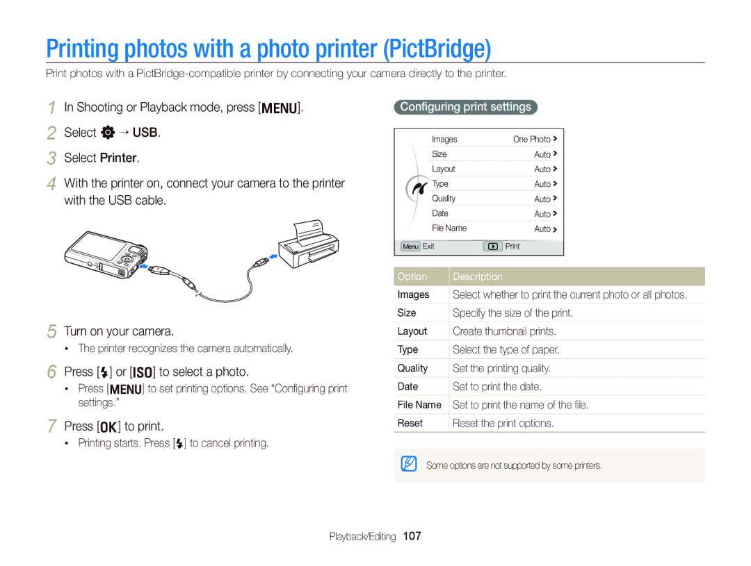 Samsung EC-WB2000BPAIL Printing photos with a photo printer PictBridge, Press F or I to select a photo, Press o to print 