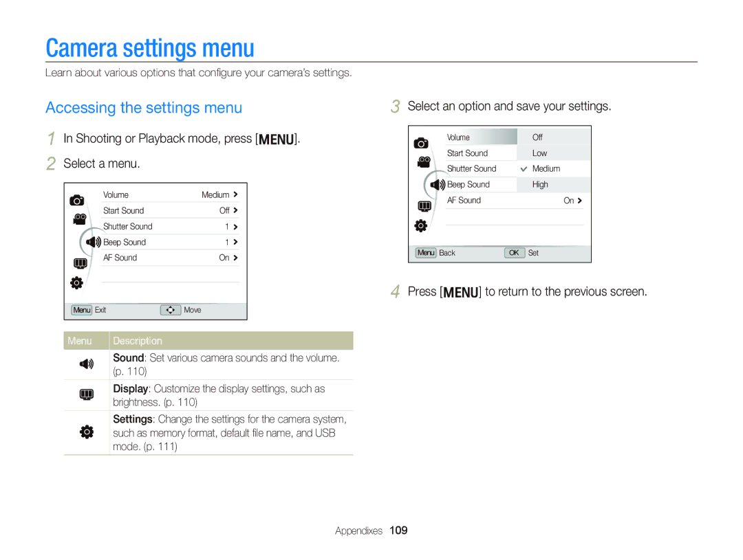 Samsung EC-WB2000BPAE1 Camera settings menu, Accessing the settings menu, Shooting or Playback mode, press m Select a menu 