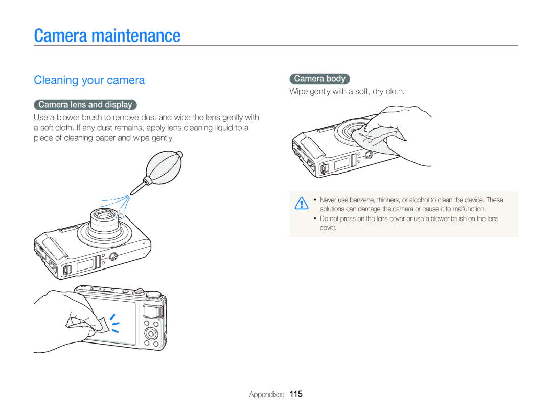 Samsung EC-WB2000BPARU, EC-WB2000BPAE1 manual Camera maintenance, Cleaning your camera, Camera lens and display, Camera body 