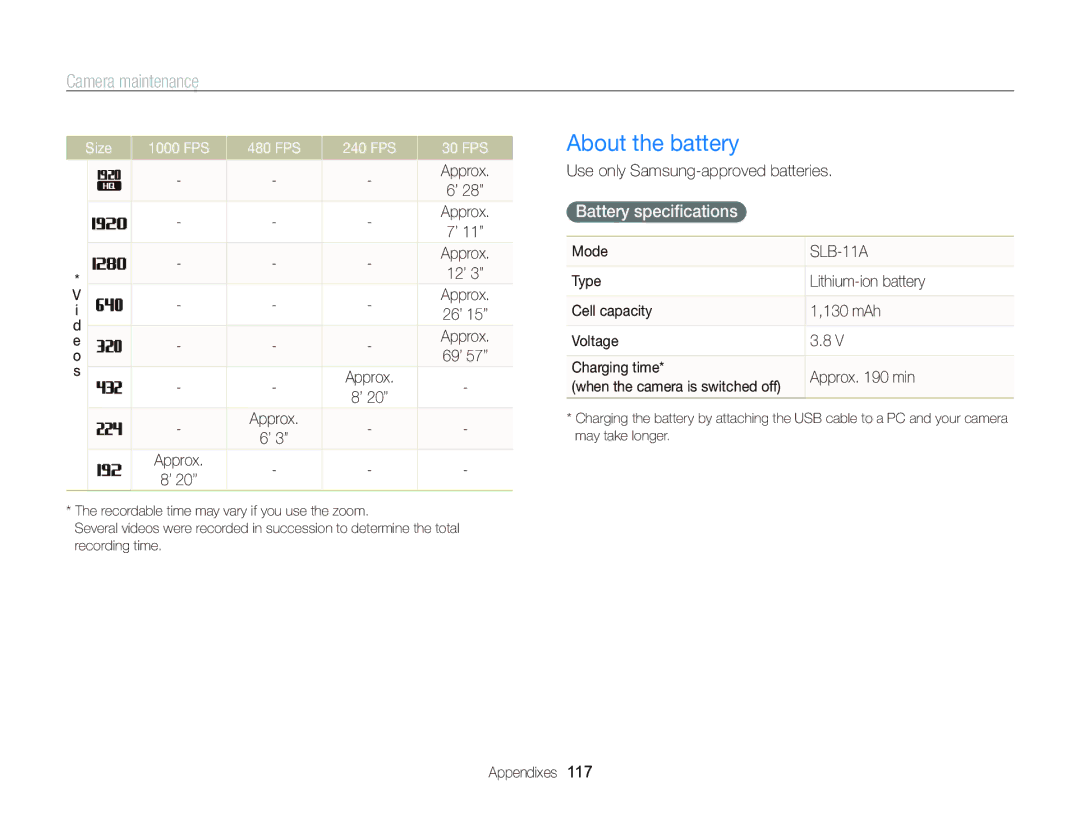 Samsung EC-WB2000BPAIL, EC-WB2000BPAE1 manual About the battery, Battery speciﬁcations, Size 1000 FPS 480 FPS 240 FPS 30 FPS 