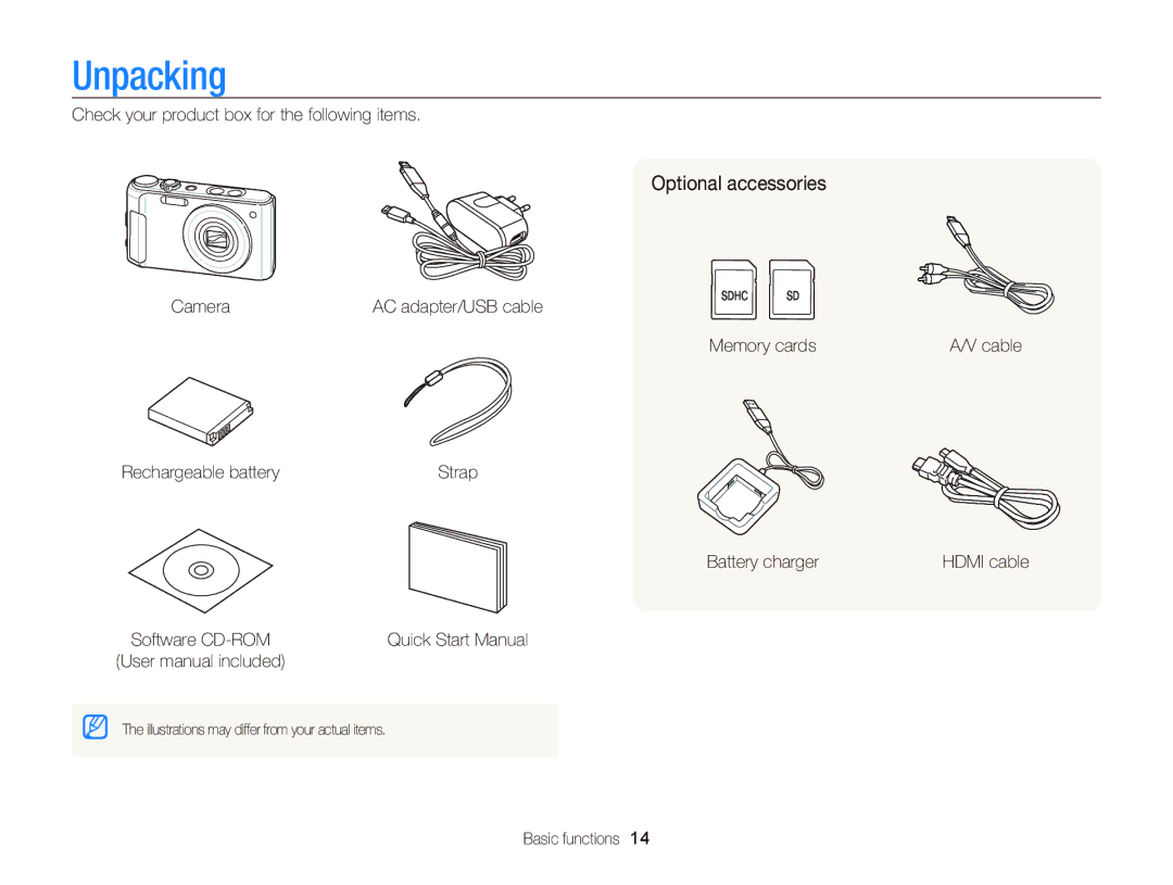 Samsung EC-WB2000BPBE2, EC-WB2000BPAE1, EC-WB2000BPBE1, EC-WB2000BPBIT, EC-WB2000BPAE3 manual Unpacking, Optional accessories 