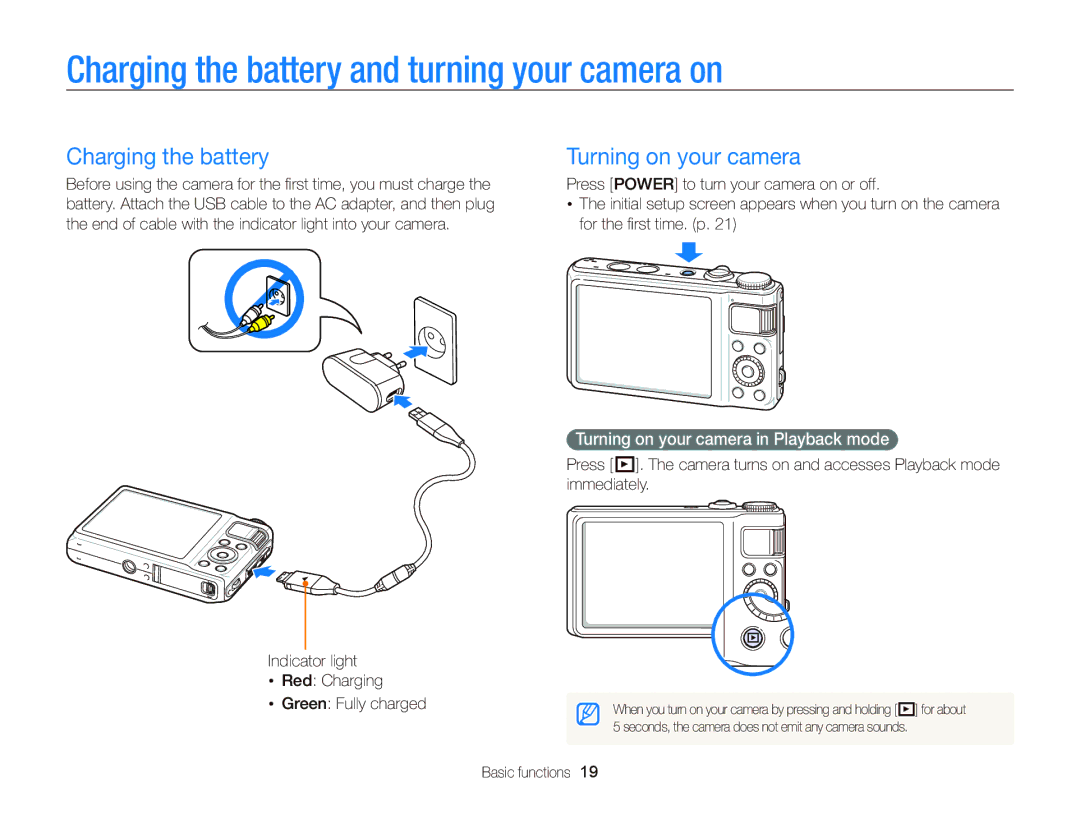 Samsung EC-WB2000BPAE1, EC-WB2000BPBE1 manual Charging the battery and turning your camera on, Turning on your camera 