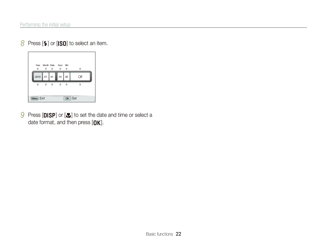 Samsung EC-WB2000BPAE3, EC-WB2000BPAE1, EC-WB2000BPBE1 manual Performing the initial setup, Press F or I to select an item 