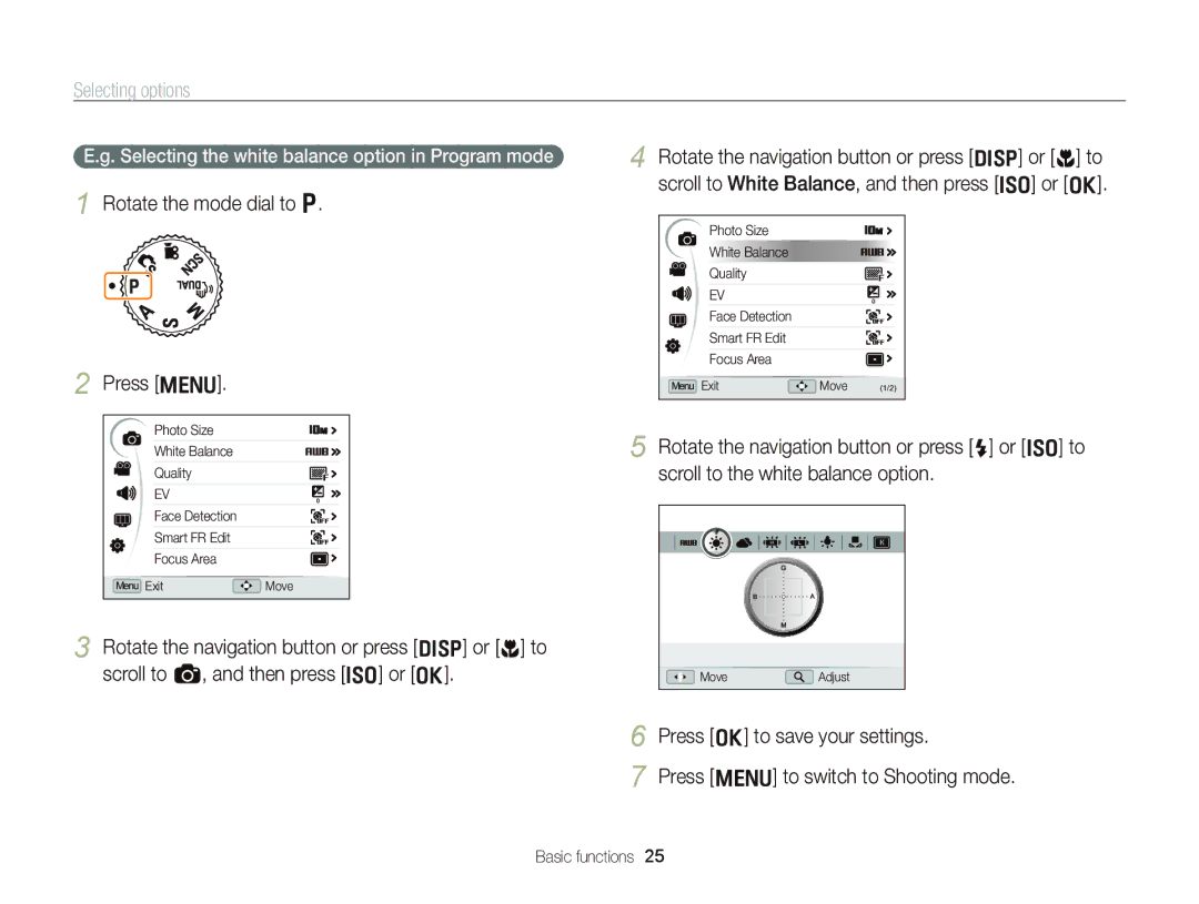 Samsung EC-WB2000BPARU, EC-WB2000BPAE1 Selecting options, Rotate the mode dial to p Press m, Press o to save your settings 