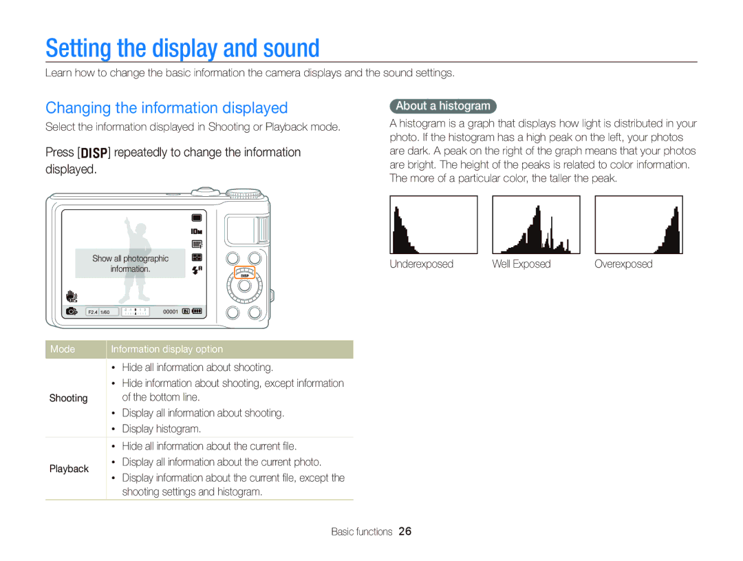 Samsung EC-WB2000BPBRU manual Setting the display and sound, Changing the information displayed, About a histogram 