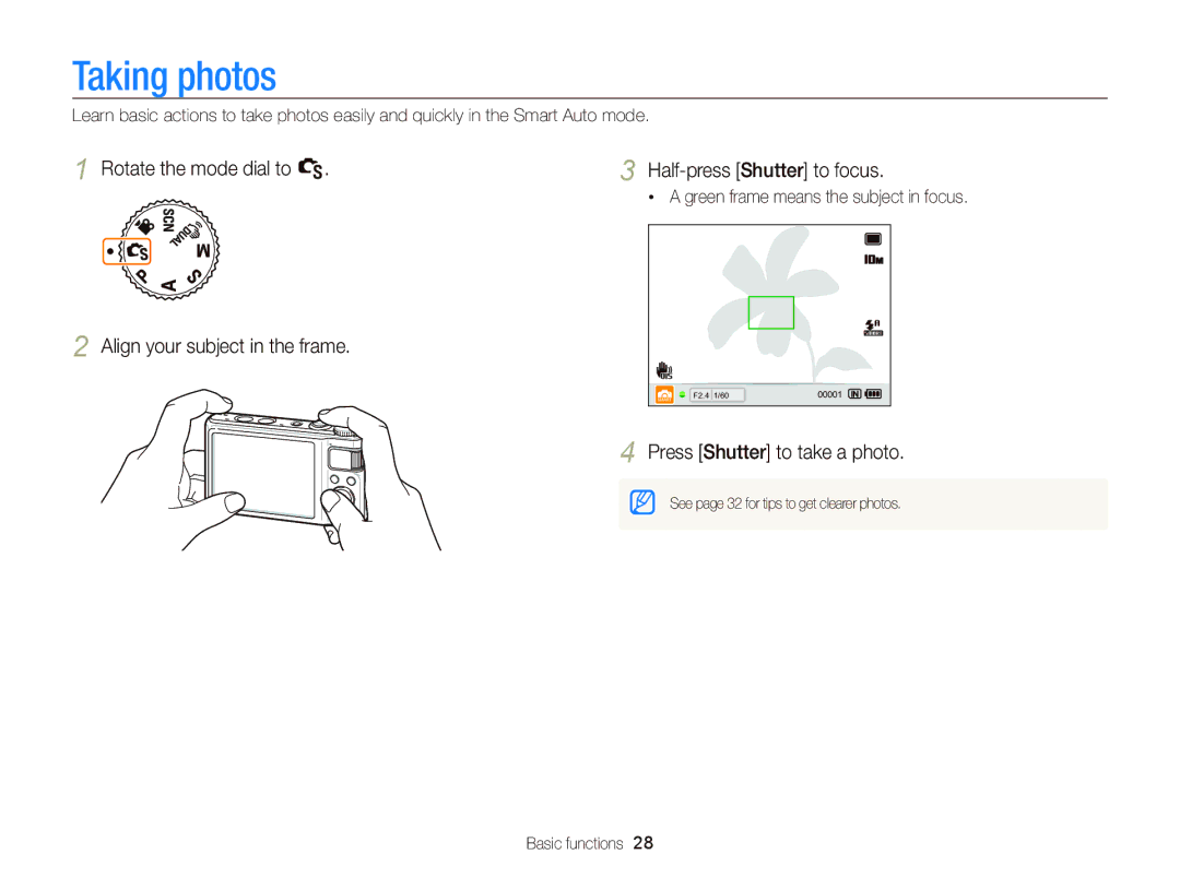 Samsung EC-WB2000BPBIL manual Taking photos, Press Shutter to take a photo, Green frame means the subject in focus 