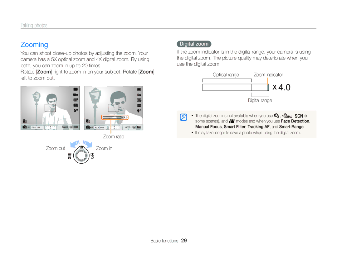 Samsung EC-WB2000BPAE1, EC-WB2000BPBE1, EC-WB2000BPBIT manual Zooming, Taking photos, Digital zoom, Digital range, Zoom out 