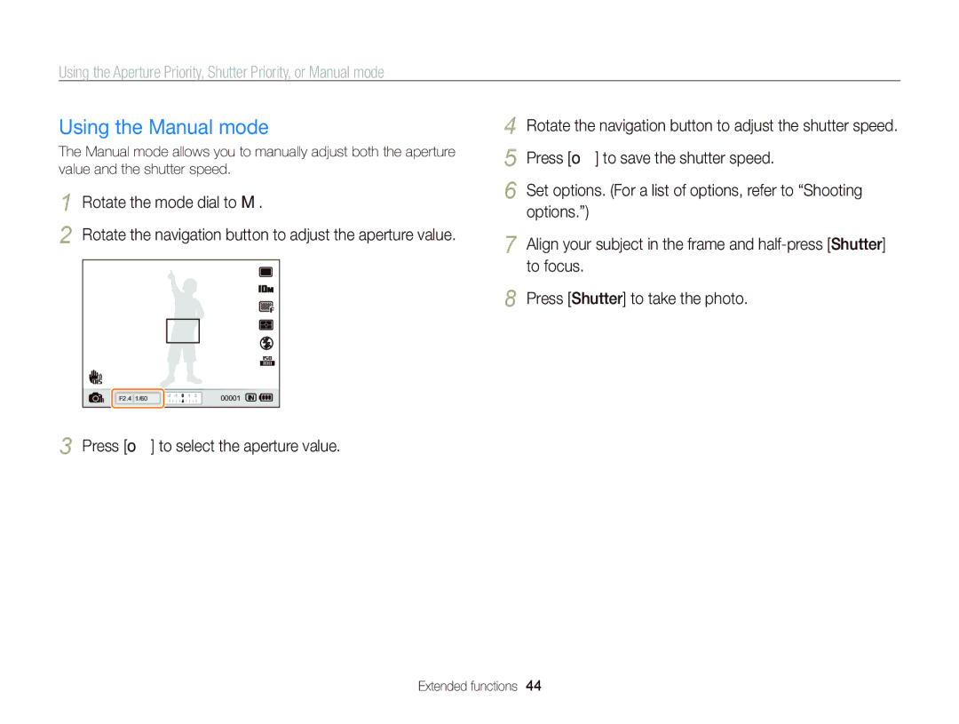 Samsung EC-WB2000BPBE2, EC-WB2000BPAE1, EC-WB2000BPBE1, EC-WB2000BPBIT, EC-WB2000BPAE3, EC-WB2000BPBE3 Using the Manual mode 