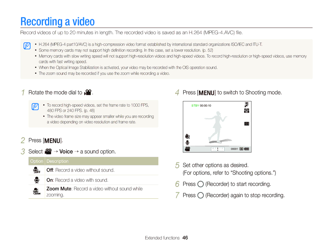 Samsung EC-WB2000BPBRU manual Recording a video, Rotate the mode dial to, Press m Select V “ Voice ““a sound option 