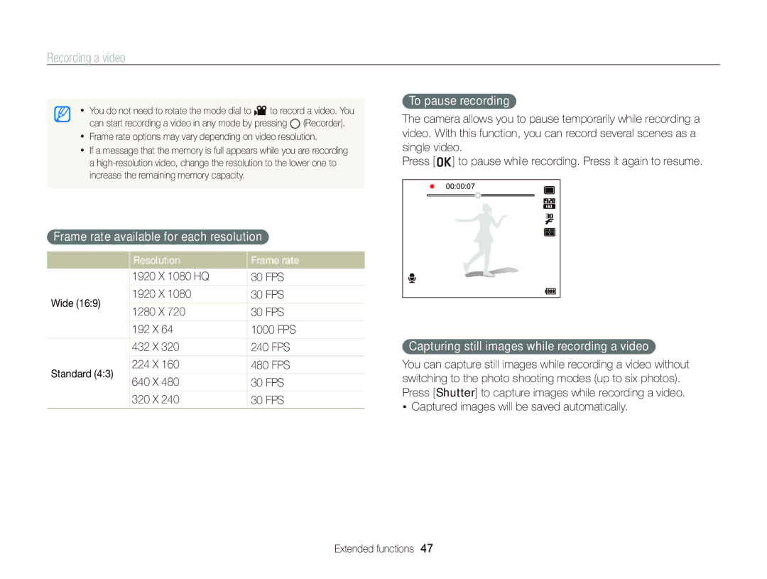 Samsung EC-WB2000BPAIL, EC-WB2000BPAE1 Recording a video, Frame rate available for each resolution, To pause recording 