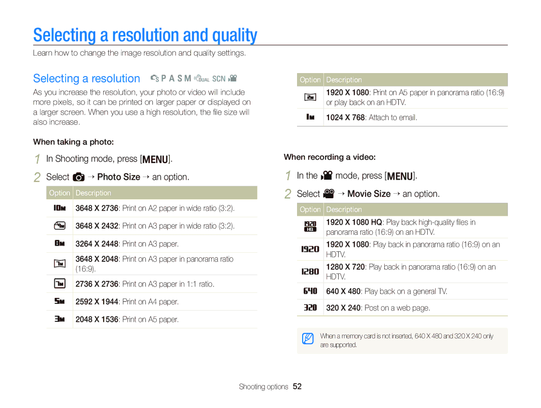 Samsung EC-WB2000BPAE3 manual Selecting a resolution and quality, Selecting a resolution t p a S M d s, V mode, press m 