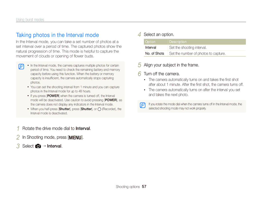 Samsung EC-WB2000BPAIL, EC-WB2000BPAE1, EC-WB2000BPBE1, EC-WB2000BPBIT Taking photos in the Interval mode, Select an option 